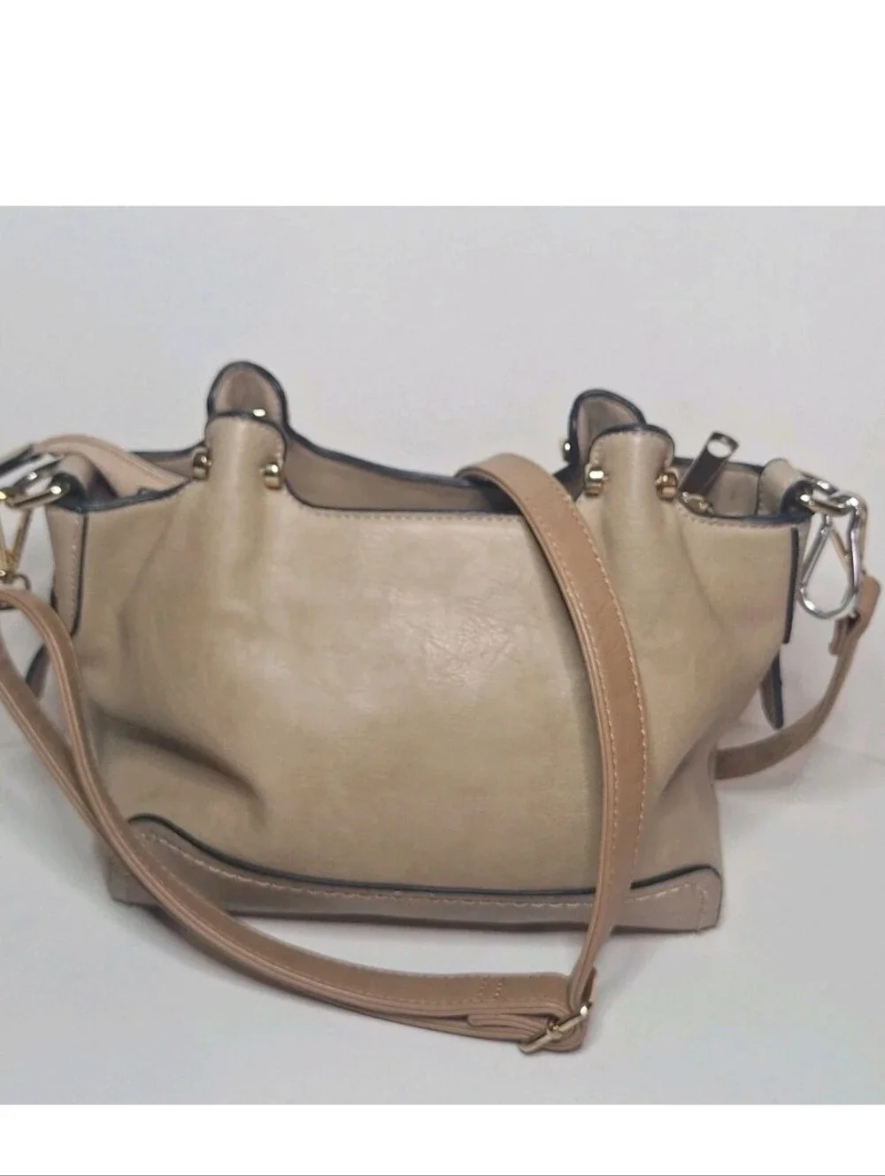 Simply Noelle Medium Beige And Tan Faux Leather Satchel Crossbody No Top Handles